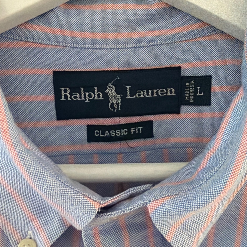 Ralph Lauren Mens Large Classic Fit Striped Button Down Shirt Blue Pink Cotton